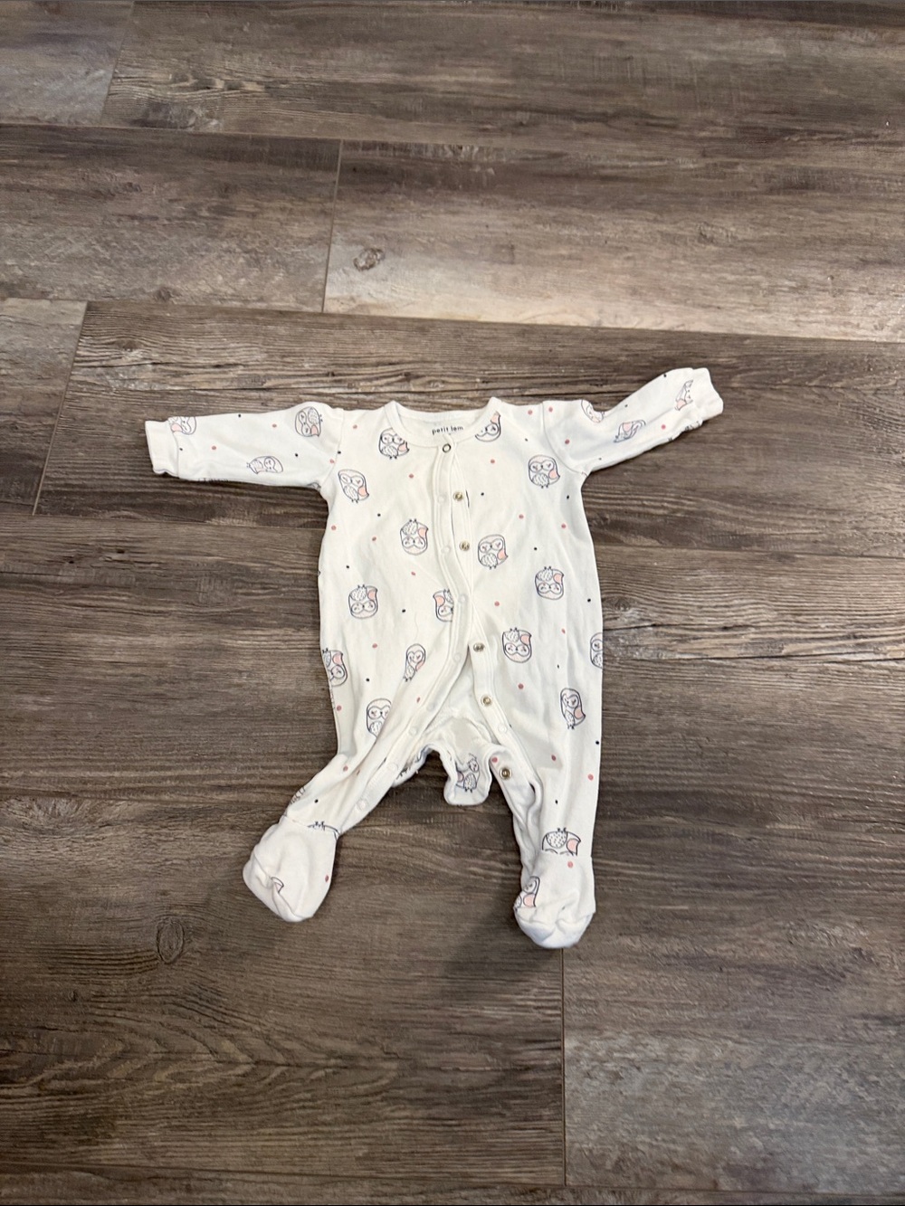Petit Lem Cream Owl-Print Footed One-Piece for Kids